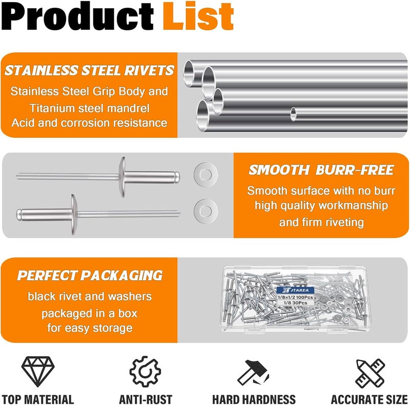 JTAREA 130pcs 1/8" x 1/2" Stainless Steel Pop Rivets with Stainless Steel Washers 3.2 x 12.7mm Blind Rivet Assortment Kit - Image 3